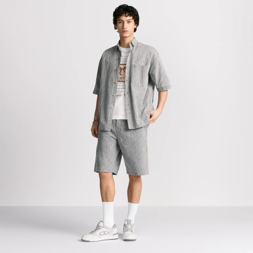 NIGO Dior Men's Spring Summer Grey Cotton Denim Oblique Printed Lapel Single Breasted Shirt Denim Straight Wide Leg Shorts Set Suit  #nigo81256