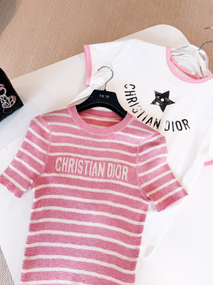 NIGO Dior Women's Dioriviera Spring & Autumn Colorblocked Stripe Silk Linen Blend Short Sleeve Knit Stretch Sweater #nigo81294