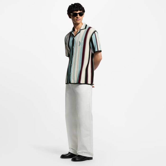 NIGO Louis Vuitton Men's Summer Embroidered Logo Stripe Crochet Single Breasted Short Sleeve Shirt Casual Lace Up Shorts Suit Set #nigo81258