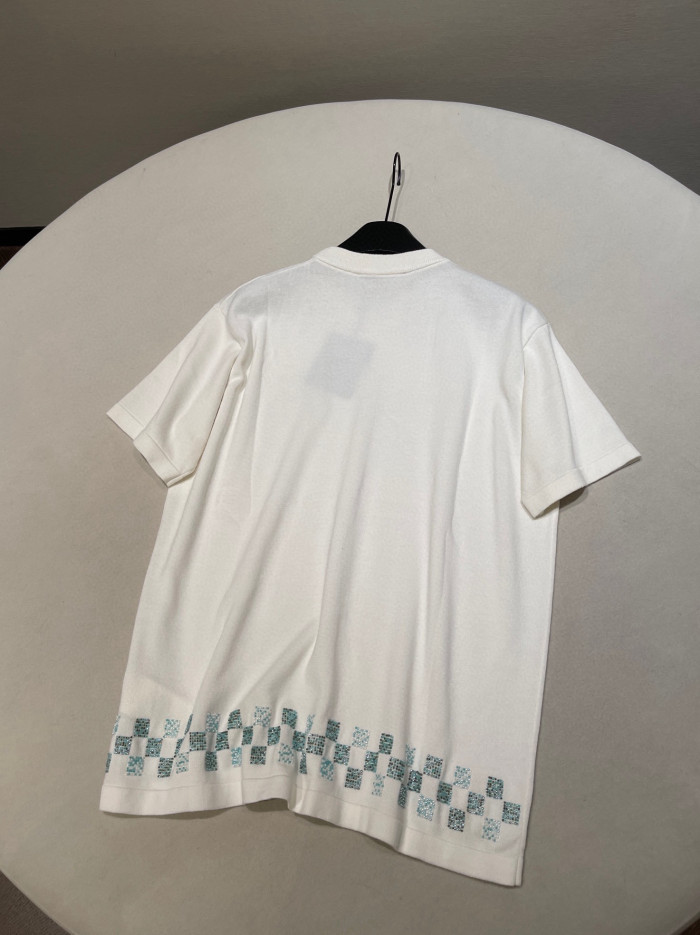 NIGO Louis Vuitton Men's Summer Hem Checkered Hot Drill Embroidery Fitted Cotton Short Sleeve Round Neck T-Shirt #nigo81299