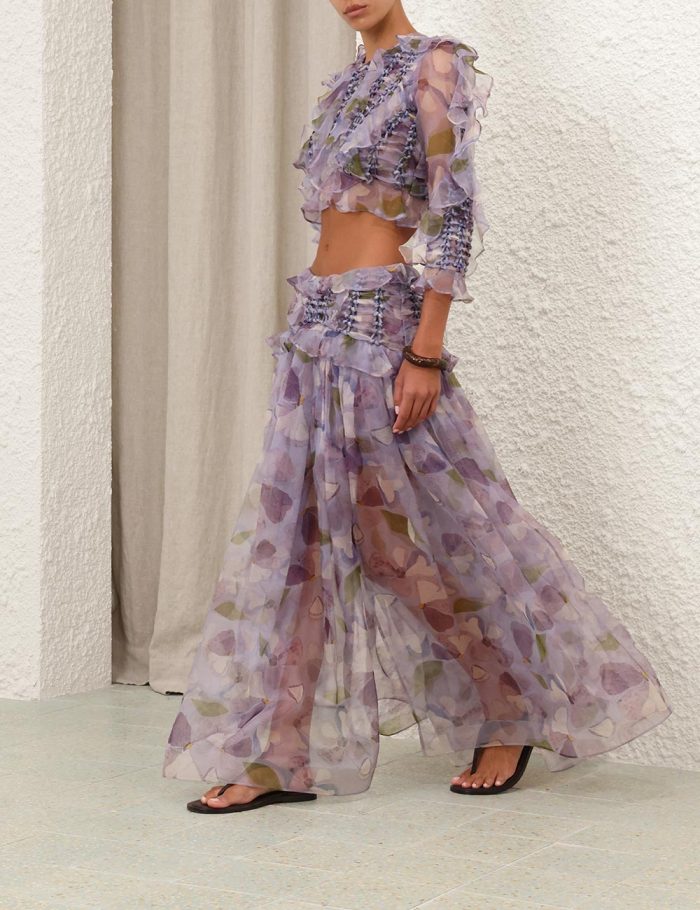 NIGO Zimmermann Women's Spring And Autumn Dawning Braided Bodice Floral Printed Silk Round Neck Top Casual Maxi Skirt #nigo81314