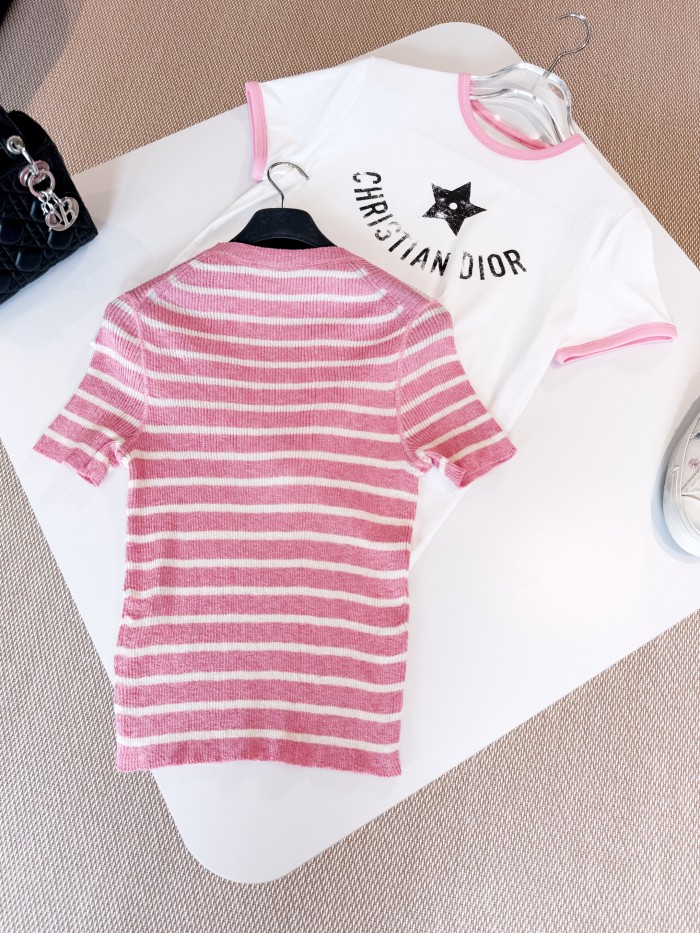 NIGO Dior Women's Dioriviera Spring & Autumn Colorblocked Stripe Silk Linen Blend Short Sleeve Knit Stretch Sweater #nigo81294