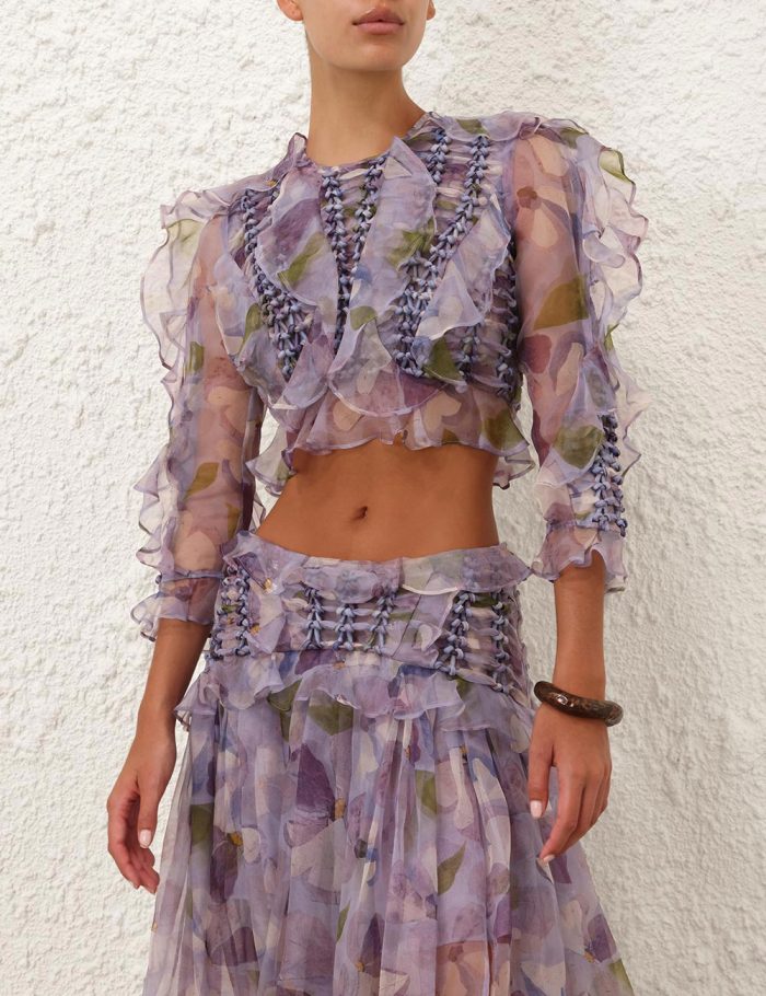 NIGO Zimmermann Women's Spring And Autumn Dawning Braided Bodice Floral Printed Silk Round Neck Top Casual Maxi Skirt #nigo81314