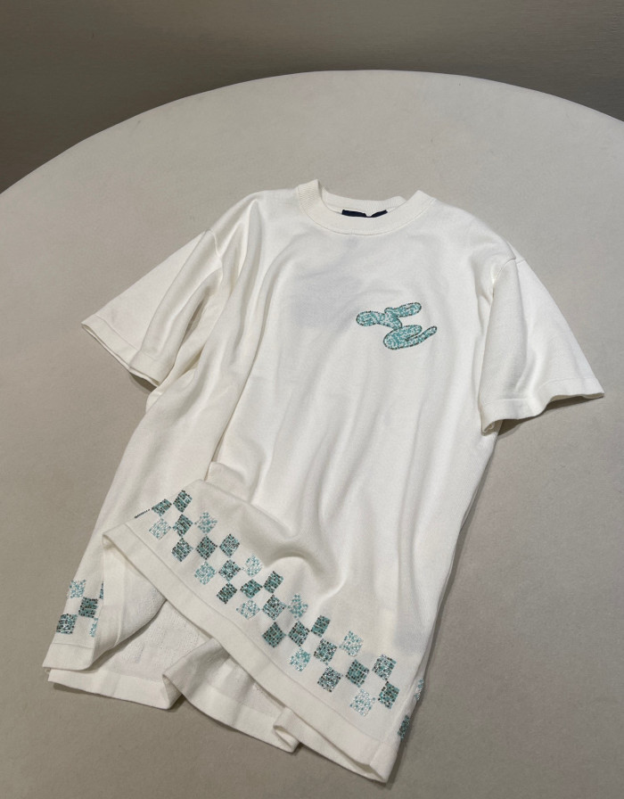 NIGO Louis Vuitton Men's Summer Hem Checkered Hot Drill Embroidery Fitted Cotton Short Sleeve Round Neck T-Shirt #nigo81299