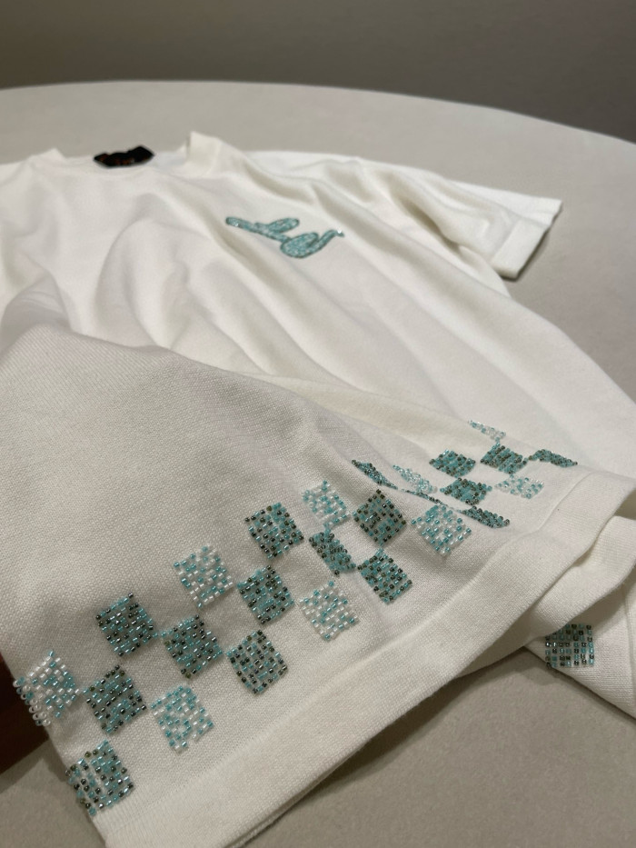 NIGO Louis Vuitton Men's Summer Hem Checkered Hot Drill Embroidery Fitted Cotton Short Sleeve Round Neck T-Shirt #nigo81299