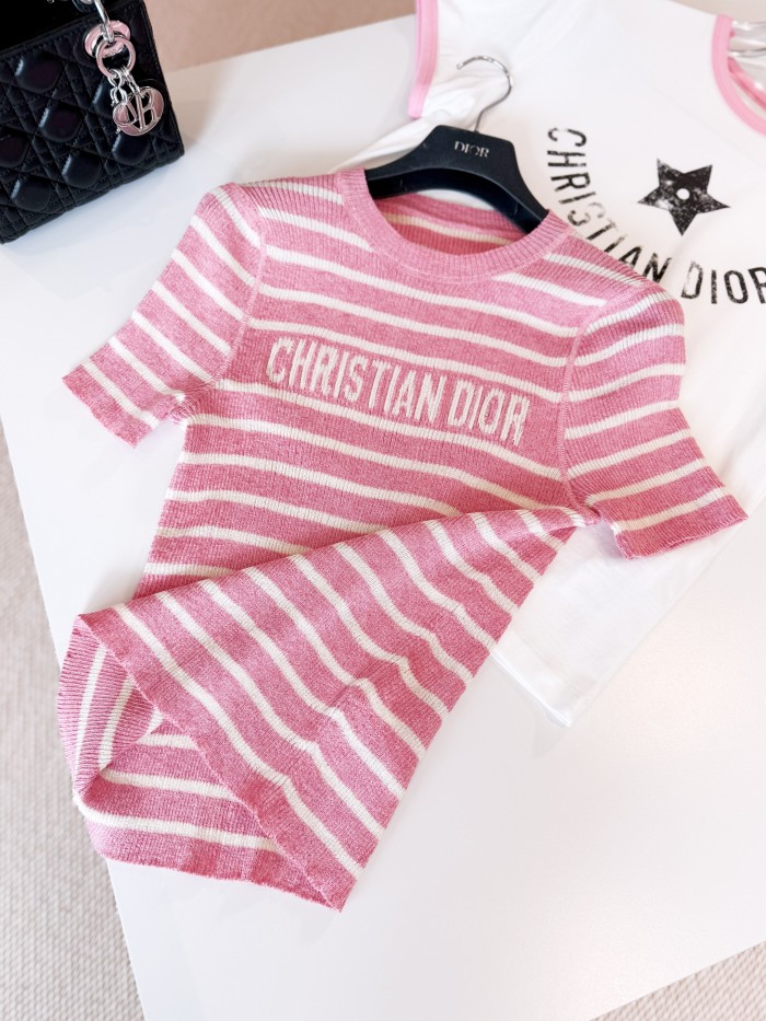NIGO Dior Women's Dioriviera Spring & Autumn Colorblocked Stripe Silk Linen Blend Short Sleeve Knit Stretch Sweater #nigo81294