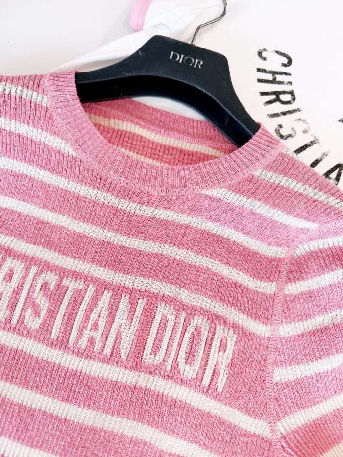NIGO Dior Women's Dioriviera Spring & Autumn Colorblocked Stripe Silk Linen Blend Short Sleeve Knit Stretch Sweater #nigo81294
