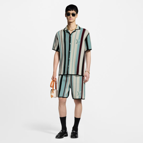 NIGO Louis Vuitton Men's Summer Embroidered Logo Stripe Crochet Single Breasted Short Sleeve Shirt Casual Lace Up Shorts Suit Set #nigo81258