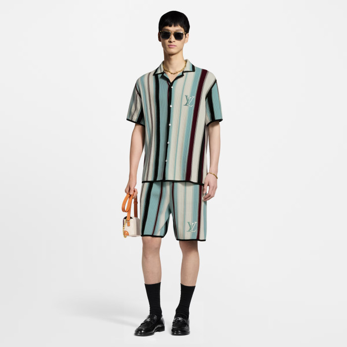 NIGO Louis Vuitton Men's Summer Embroidered Logo Stripe Crochet Single Breasted Short Sleeve Shirt Casual Lace Up Shorts Suit Set #nigo81258