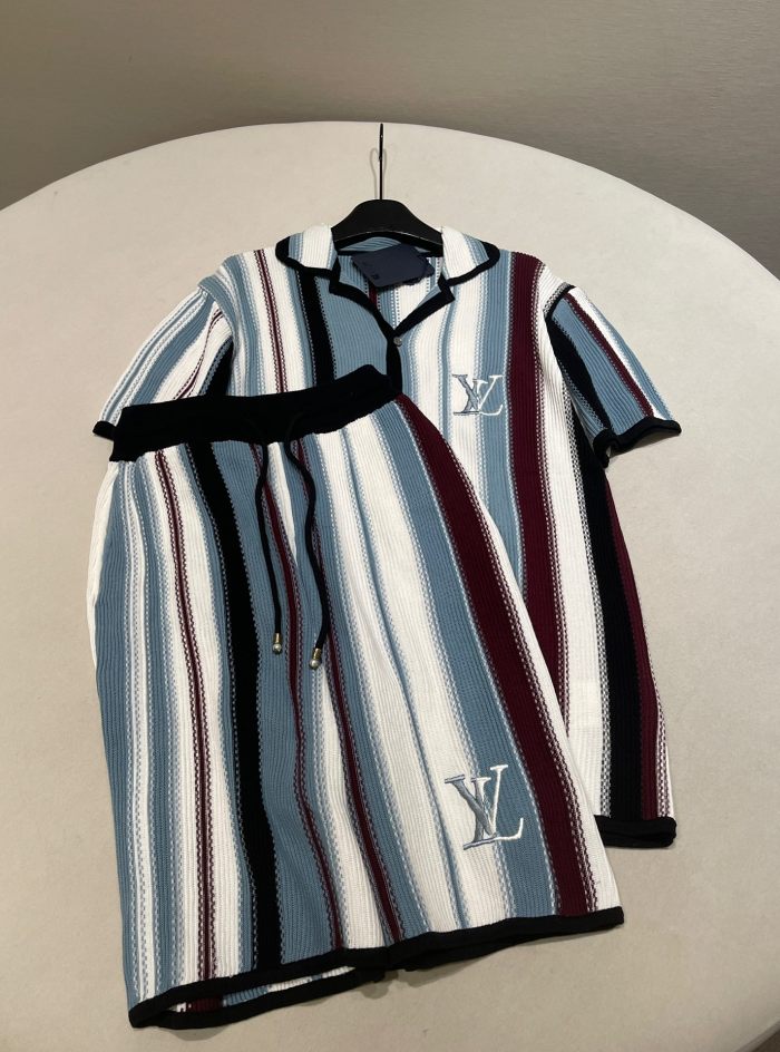 NIGO Louis Vuitton Men's Summer Embroidered Logo Stripe Crochet Single Breasted Short Sleeve Shirt Casual Lace Up Shorts Suit Set #nigo81258