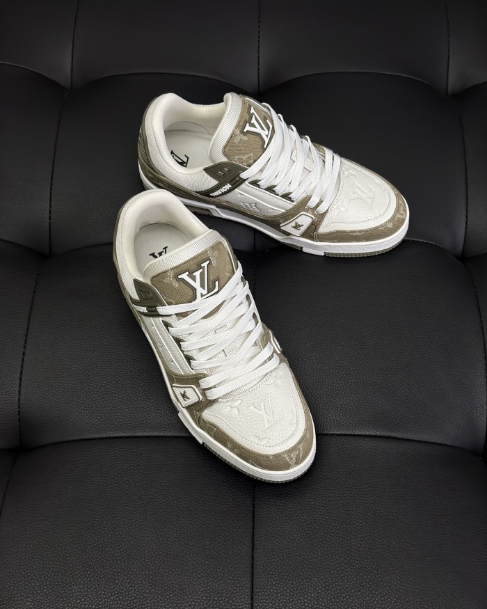 NIGO Louis Vuitton Men's LV Trainer Sneakers Four Seasons Retro Colorblocking Grained Cowhide Leather Mesh Round Toe Lace-Up Low Casual Shoes #nigo81323