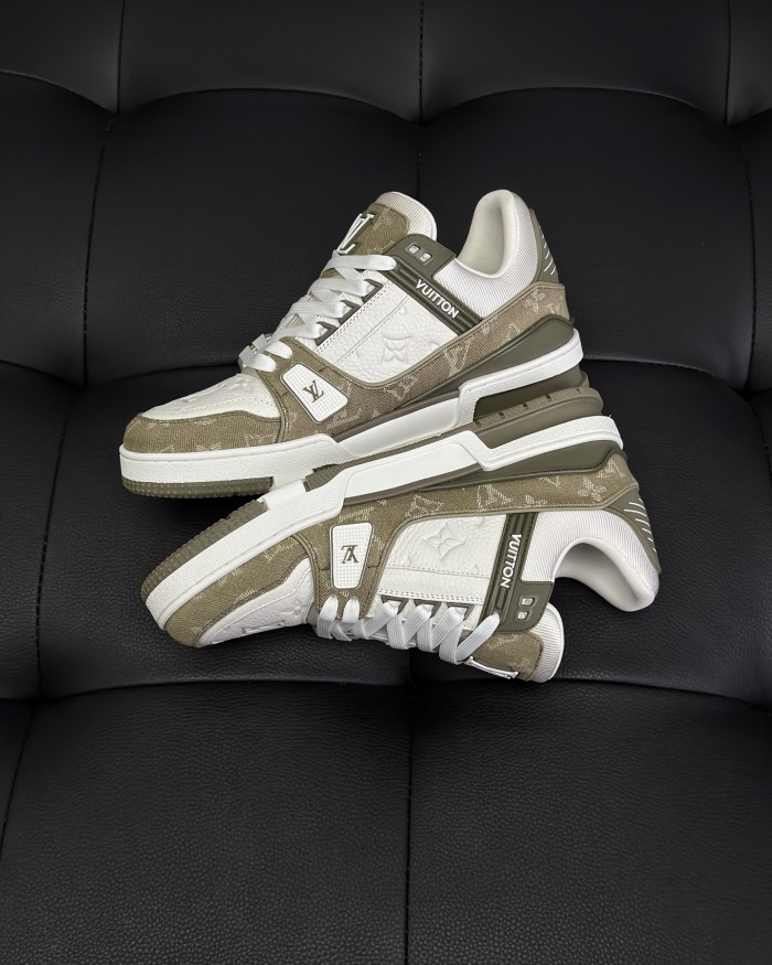 NIGO Louis Vuitton Men's LV Trainer Sneakers Four Seasons Retro Colorblocking Grained Cowhide Leather Mesh Round Toe Lace-Up Low Casual Shoes #nigo81323
