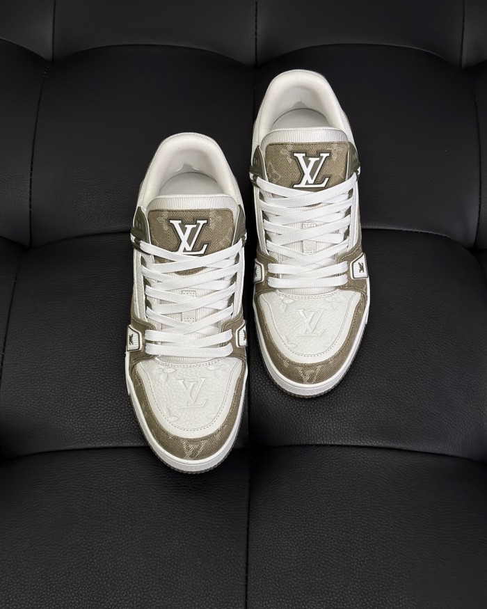 NIGO Louis Vuitton Men's LV Trainer Sneakers Four Seasons Retro Colorblocking Grained Cowhide Leather Mesh Round Toe Lace-Up Low Casual Shoes #nigo81323