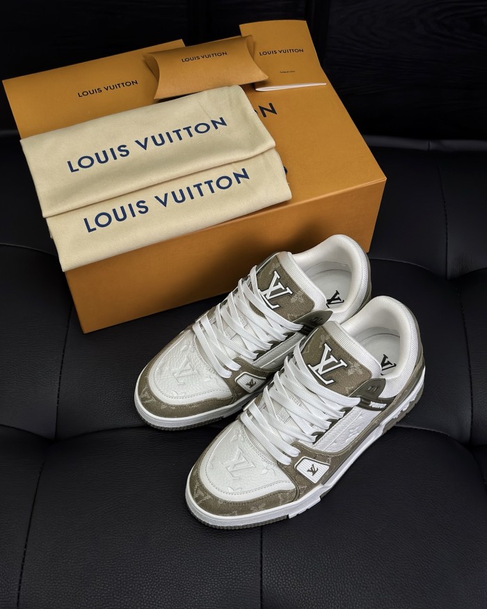 NIGO Louis Vuitton Men's LV Trainer Sneakers Four Seasons Retro Colorblocking Grained Cowhide Leather Mesh Round Toe Lace-Up Low Casual Shoes #nigo81323