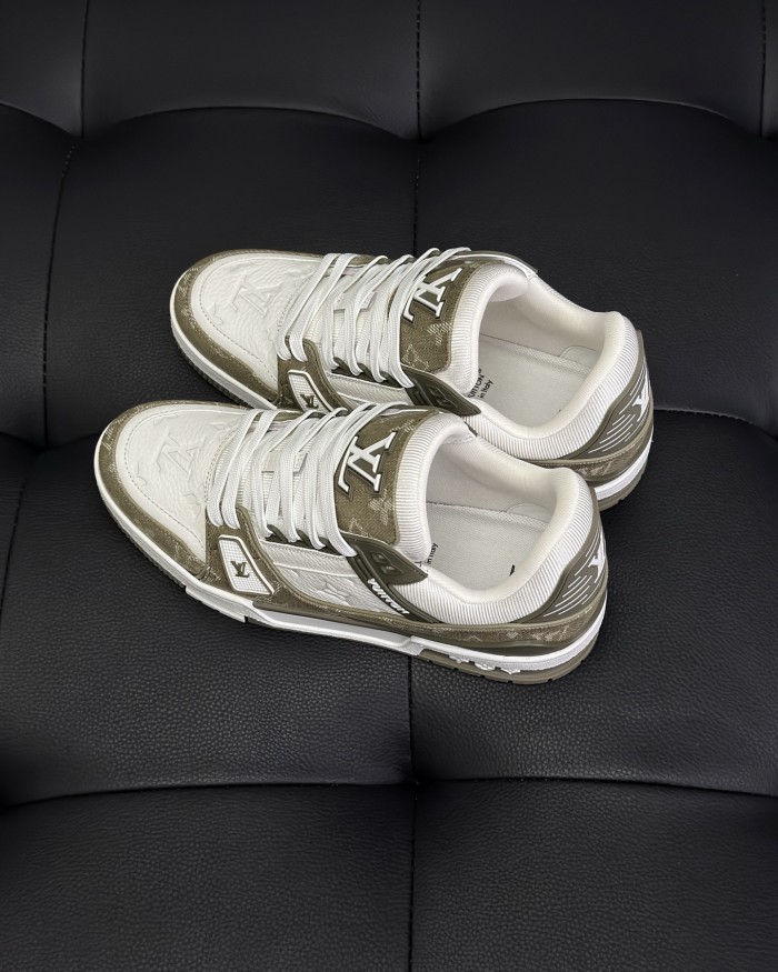 NIGO Louis Vuitton Men's LV Trainer Sneakers Four Seasons Retro Colorblocking Grained Cowhide Leather Mesh Round Toe Lace-Up Low Casual Shoes #nigo81323
