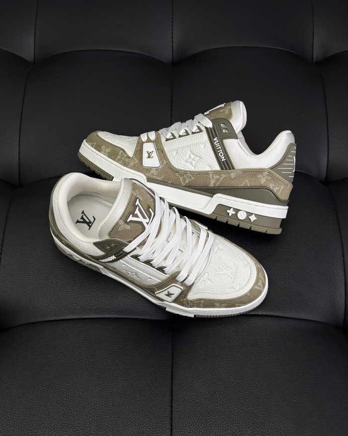 NIGO Louis Vuitton Men's LV Trainer Sneakers Four Seasons Retro Colorblocking Grained Cowhide Leather Mesh Round Toe Lace-Up Low Casual Shoes #nigo81323