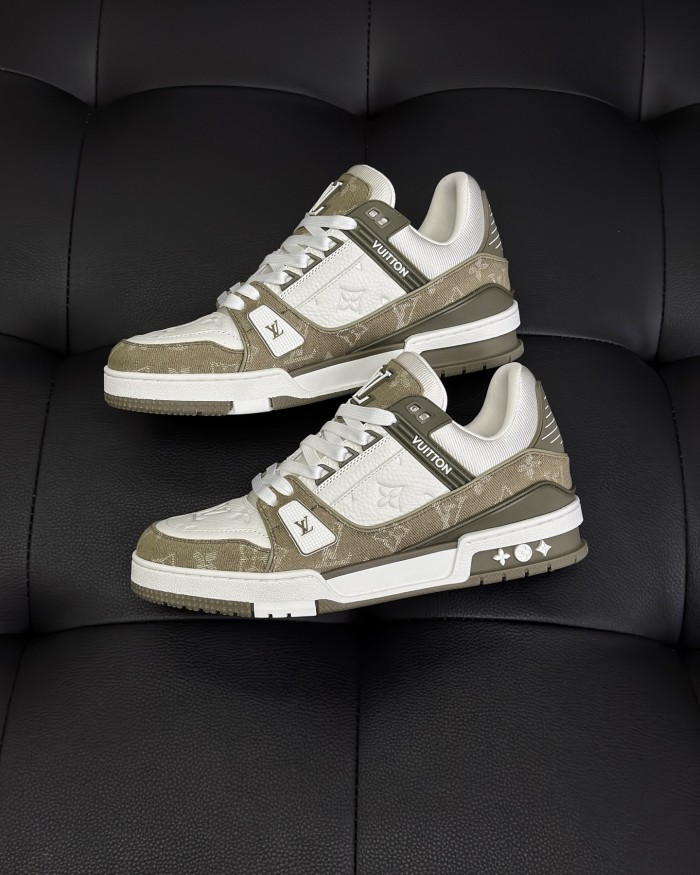 NIGO Louis Vuitton Men's LV Trainer Sneakers Four Seasons Retro Colorblocking Grained Cowhide Leather Mesh Round Toe Lace-Up Low Casual Shoes #nigo81323