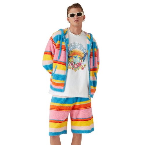 NIGO Casablanca Men's and Women's Spring/Autumn Color-block Striped Hooded Zipper Long-sleeved Jacket and Casual Drawstring Shorts Set Suit #nigo77329