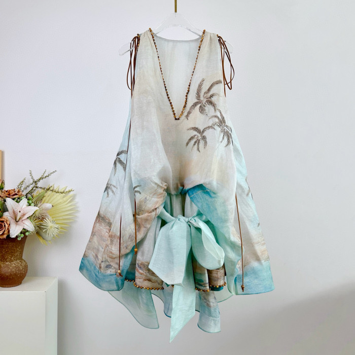 NIGO Zimmermann Women's Summer Solid Color Seascape Pattern Printed V-neck Sleeveless Short Dress #nigo77341