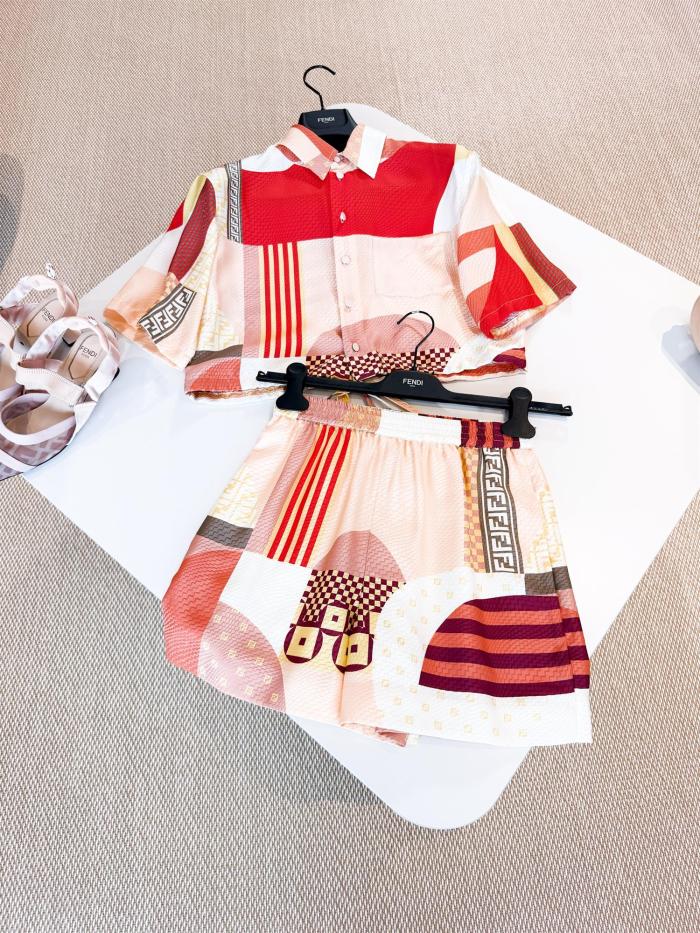 NIGO Fendi Women's Summer Geometric Pattern Printed Drawstring Hem Short Sleeved Silk Single Button Top And Casual Shorts Set Suit #nigo77335