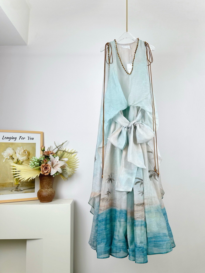 NIGO Zimmermann Women's Summer Solid Color Seascape Pattern Printed V-neck Sleeveless Long Dress #nigo77342