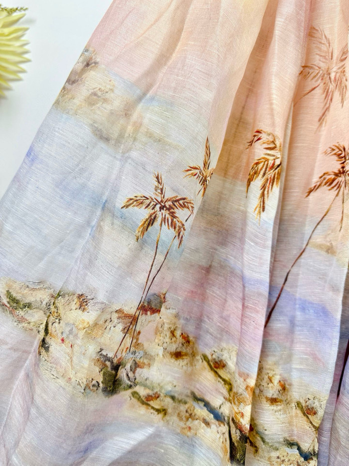 NIGO Zimmermann Women's Summer Solid Color Seascape Pattern Printed Silk Linen Ruffle Long Dress #nigo77343