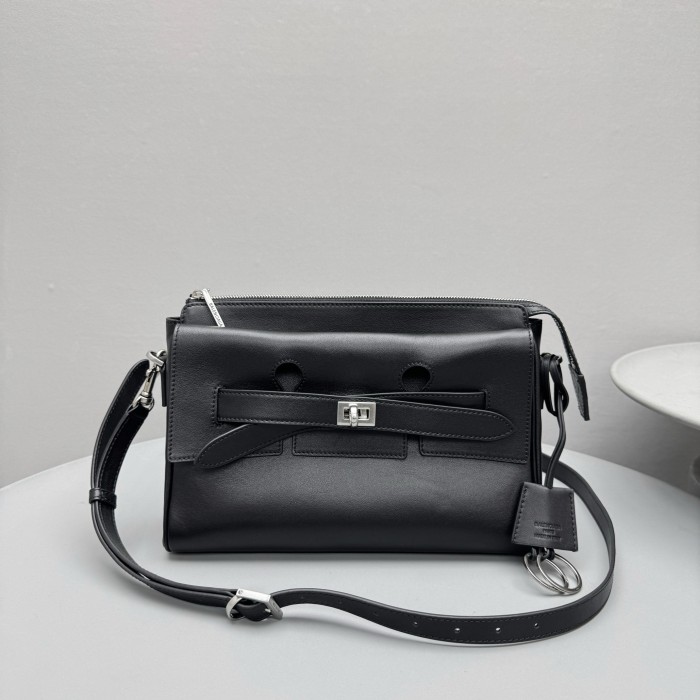 NIGO Balenciaga Bel Air Men's Solid Color Distressed Silver Metal Accessory Cowhide Messenger Bag Shoulder Bags #nigo77339