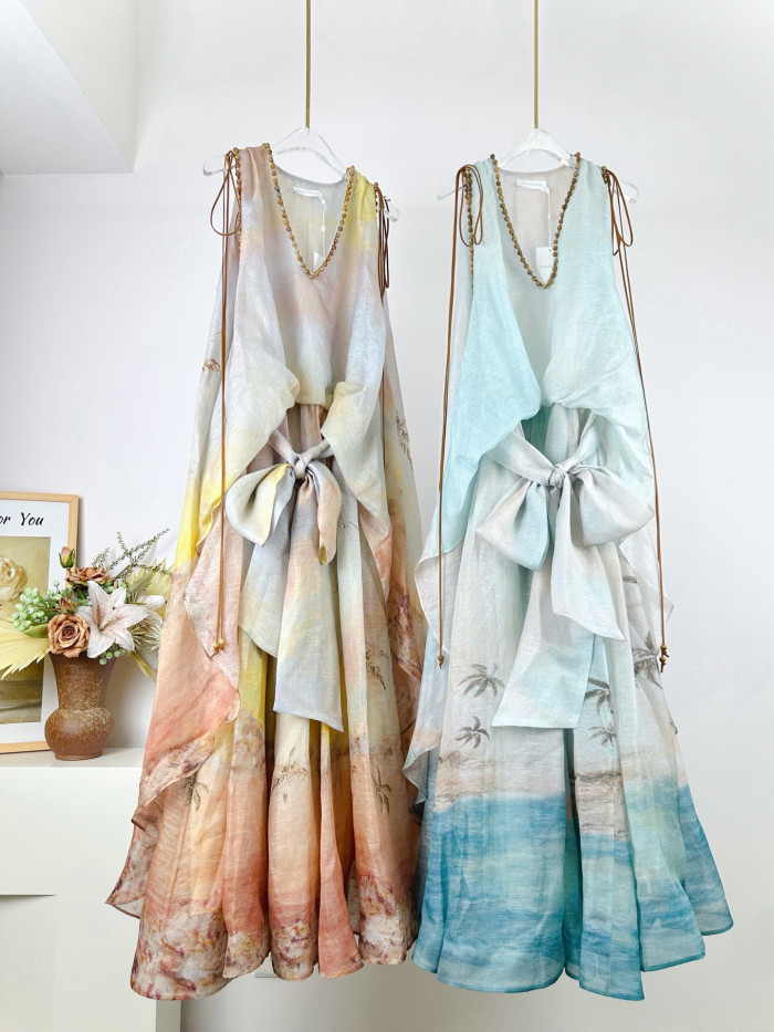 NIGO Zimmermann Women's Summer Solid Color Seascape Pattern Printed V-neck Sleeveless Long Dress #nigo77342
