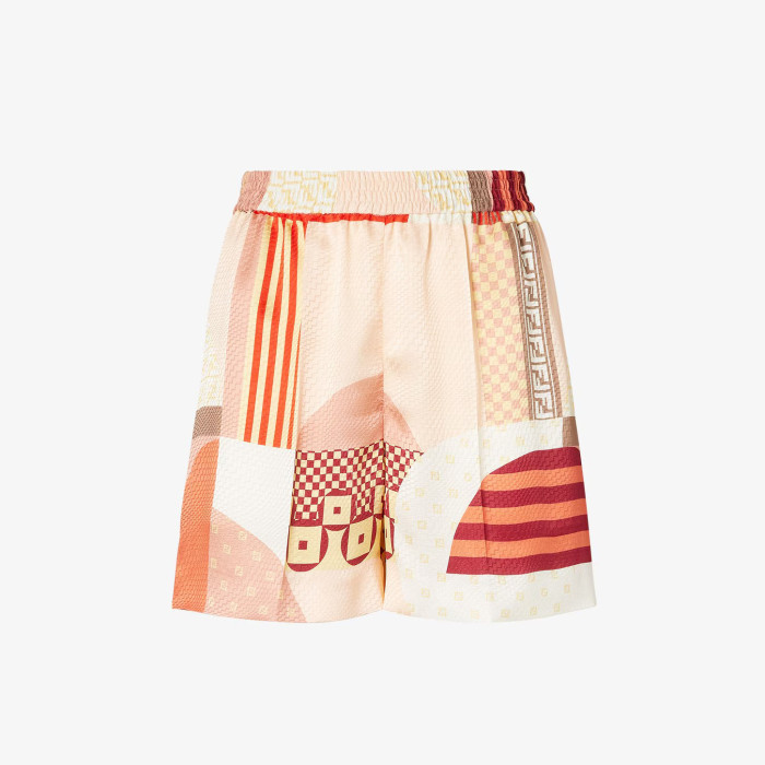 NIGO Fendi Women's Summer Geometric Pattern Printed Drawstring Hem Short Sleeved Silk Single Button Top And Casual Shorts Set Suit #nigo77335