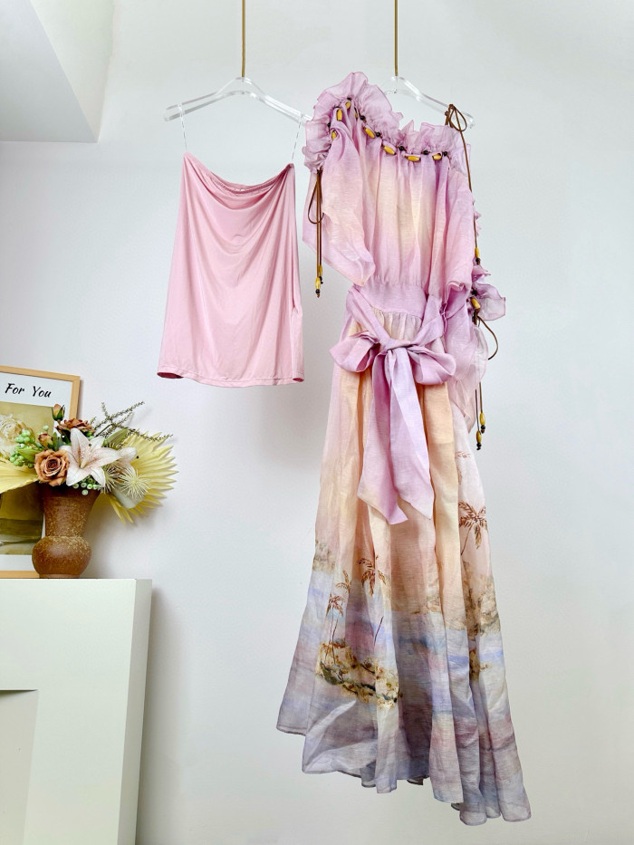 NIGO Zimmermann Women's Summer Solid Color Seascape Pattern Printed Silk Linen Ruffle Long Dress #nigo77343