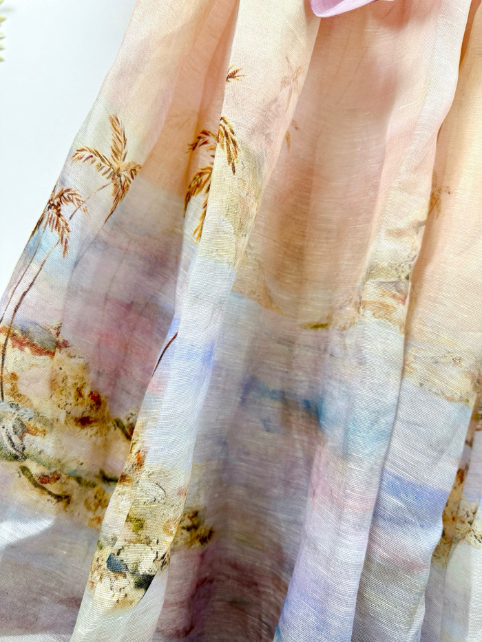 NIGO Zimmermann Women's Summer Solid Color Seascape Pattern Printed Silk Linen Ruffle Long Dress #nigo77343
