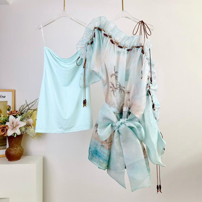 NIGO Zimmermann Women's Summer Solid Color Seascape Pattern Printed Silk Linen Ruffle Short Dress #nigo77344