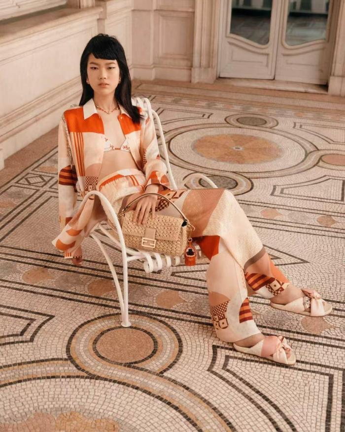 NIGO Fendi Women's Summer Geometric Pattern Printed Drawstring Hem Short Sleeved Silk Single Button Top And Casual Shorts Set Suit #nigo77335