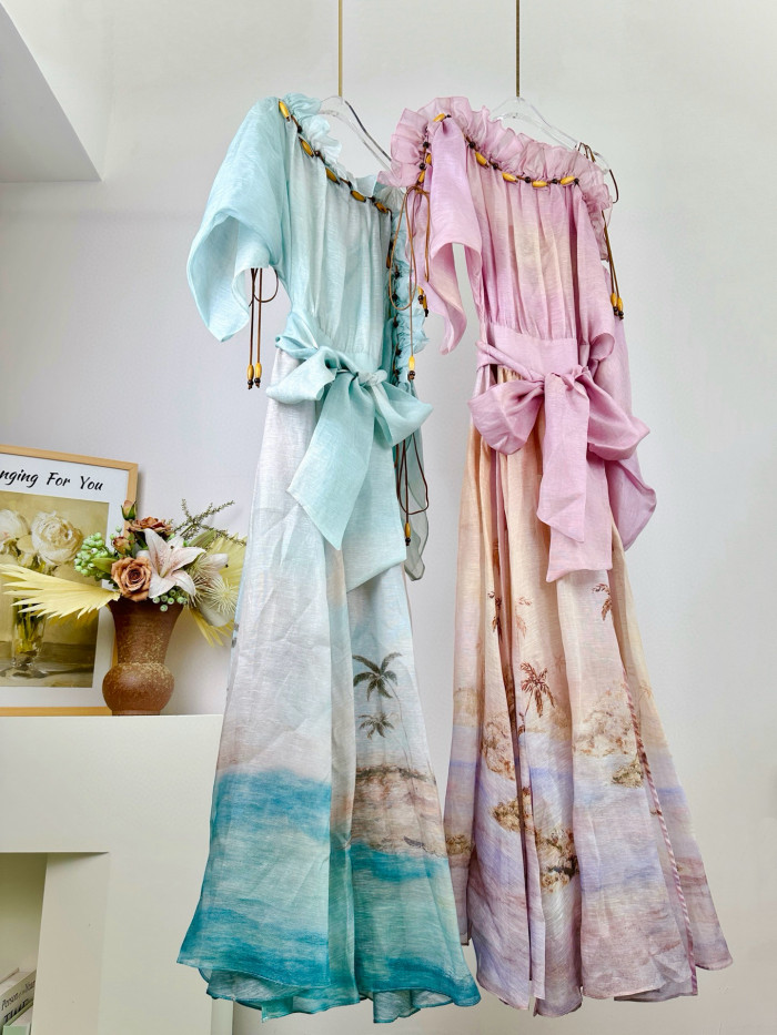 NIGO Zimmermann Women's Summer Solid Color Seascape Pattern Printed Silk Linen Ruffle Long Dress #nigo77343