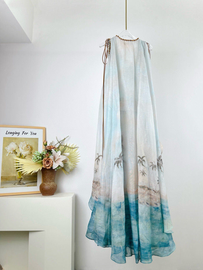 NIGO Zimmermann Women's Summer Solid Color Seascape Pattern Printed V-neck Sleeveless Long Dress #nigo77342