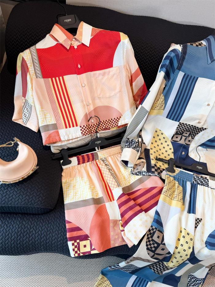 NIGO Fendi Women's Summer Geometric Pattern Printed Drawstring Hem Short Sleeved Silk Single Button Top And Casual Shorts Set Suit #nigo77335