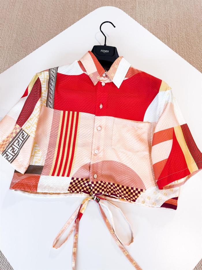 NIGO Fendi Women's Summer Geometric Pattern Printed Drawstring Hem Short Sleeved Silk Single Button Top And Casual Shorts Set Suit #nigo77335