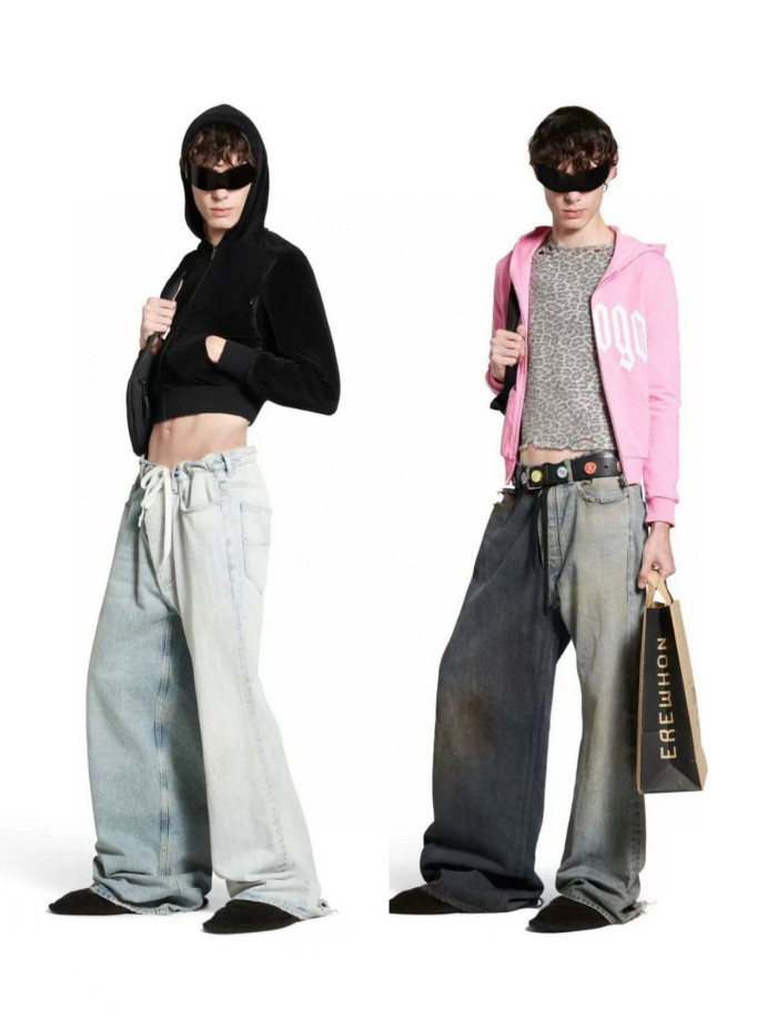 NIGO Balenciaga Men's Women's Colorblocking Denim Patchwork Old Damage Casual Loose Straight Leg Lace-Up Pants Ngvp #nigo1818