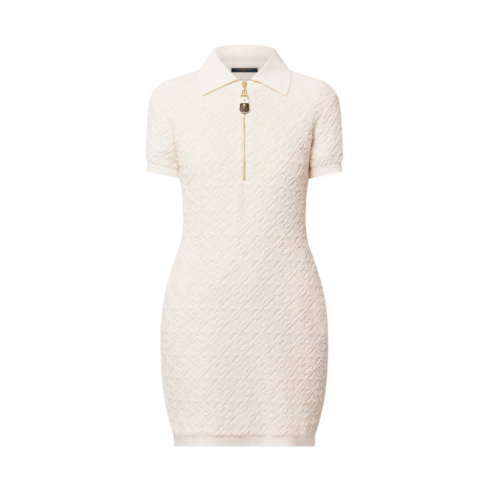 NIGO Louis Vuitton Women's Spring/Summer Embossed Letter Print Solid Color Wool Knit Half-Zip Slim-Fit Short-Sleeve Dress #nigo77361