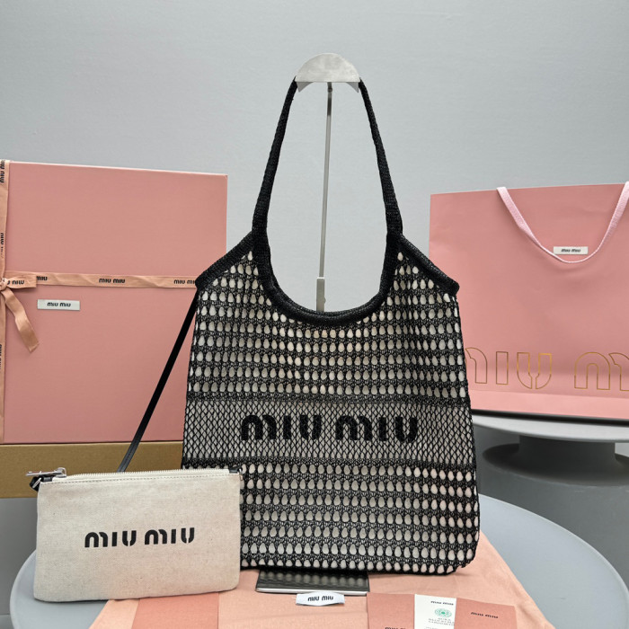 NIGO MiuMiu IVY Raffia Women's Solid Color Linen Woven Mesh Letter Print Shopping Bag Shoulder Bags #nigo77355