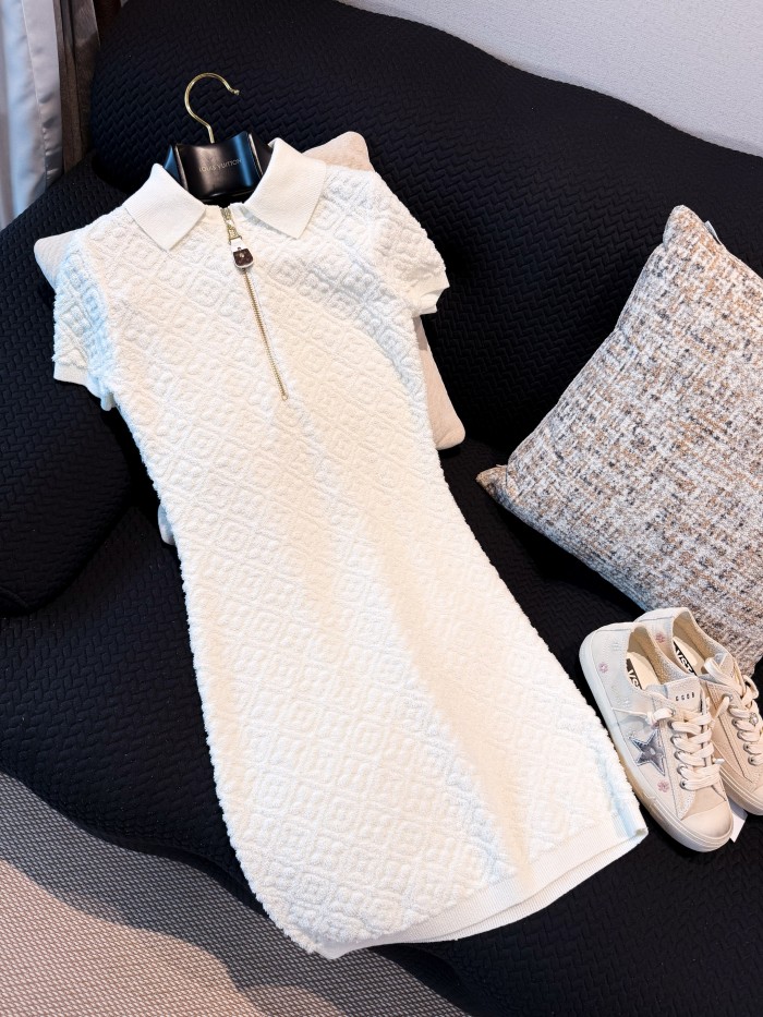 NIGO Louis Vuitton Women's Spring/Summer Embossed Letter Print Solid Color Wool Knit Half-Zip Slim-Fit Short-Sleeve Dress #nigo77361