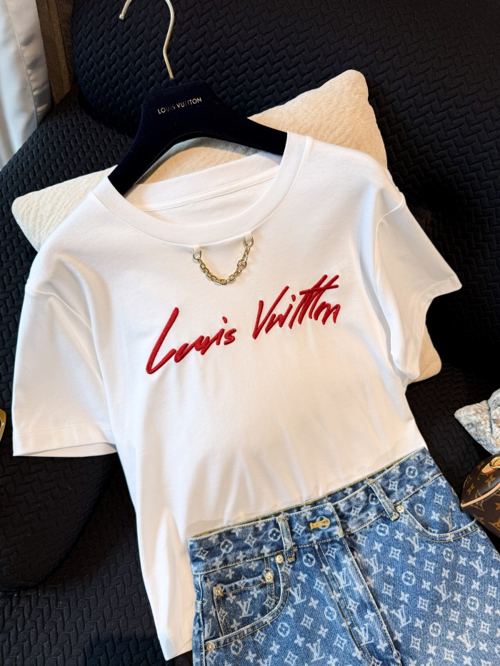 NIGO Louis Vuitton Women's Summer Solid Color Embroidered Letter Print Round Neck Cotton Short T-Shirt #nigo77359