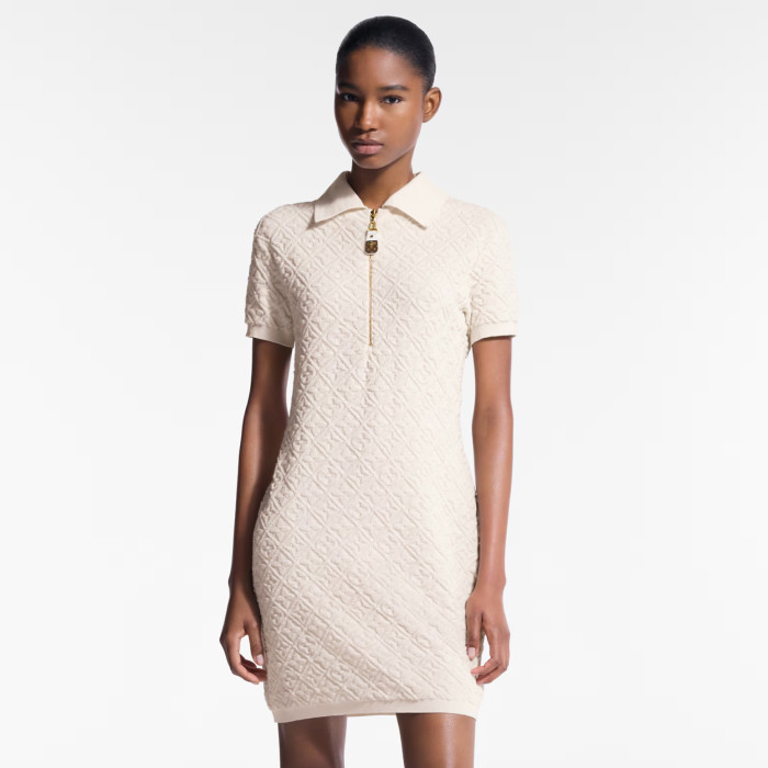 NIGO Louis Vuitton Women's Spring/Summer Embossed Letter Print Solid Color Wool Knit Half-Zip Slim-Fit Short-Sleeve Dress #nigo77361