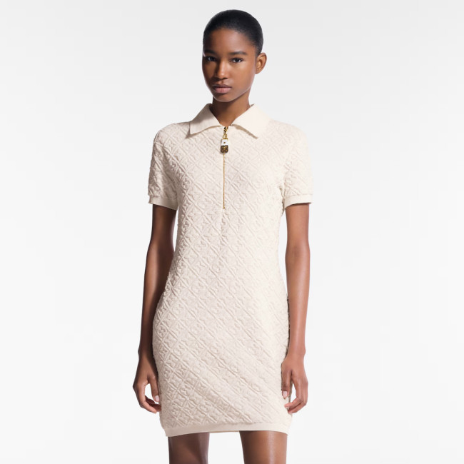NIGO Louis Vuitton Women's Spring/Summer Embossed Letter Print Solid Color Wool Knit Half-Zip Slim-Fit Short-Sleeve Dress #nigo77361