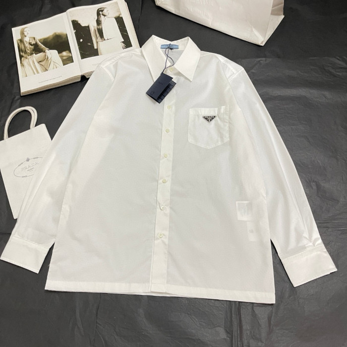 NIGO Prada Men’s Women's Spring/Summer Solid Color Cotton Triangle Label Pocket Single Button Long Sleeve Shirt #nigo77372