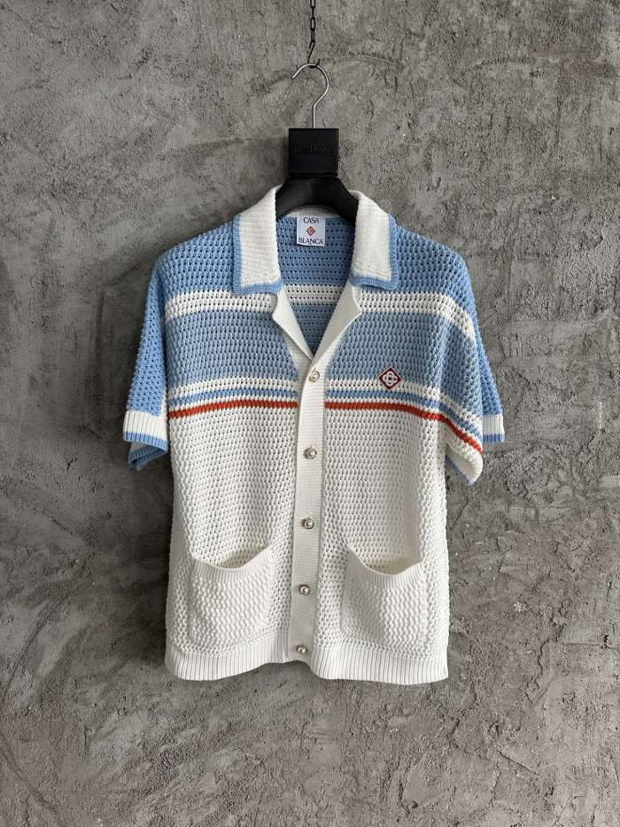 NIGO Casablanca Men's Summer Striped Printed Crochet Knit Single Breasted Short Sleeved Shirt And Casual Drawstring Shorts Set Suit #nigo77391