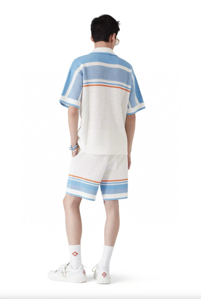 NIGO Casablanca Men's Summer Striped Printed Crochet Knit Single Breasted Short Sleeved Shirt And Casual Drawstring Shorts Set Suit #nigo77391
