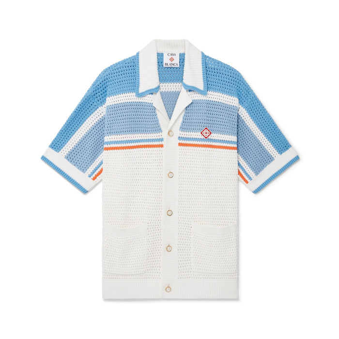 NIGO Casablanca Men's Summer Striped Printed Crochet Knit Single Breasted Short Sleeved Shirt And Casual Drawstring Shorts Set Suit #nigo77391