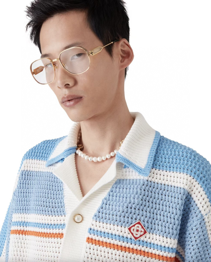 NIGO Casablanca Men's Summer Striped Printed Crochet Knit Single Breasted Short Sleeved Shirt And Casual Drawstring Shorts Set Suit #nigo77391