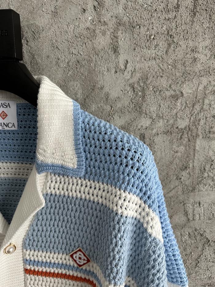 NIGO Casablanca Men's Summer Striped Printed Crochet Knit Single Breasted Short Sleeved Shirt And Casual Drawstring Shorts Set Suit #nigo77391